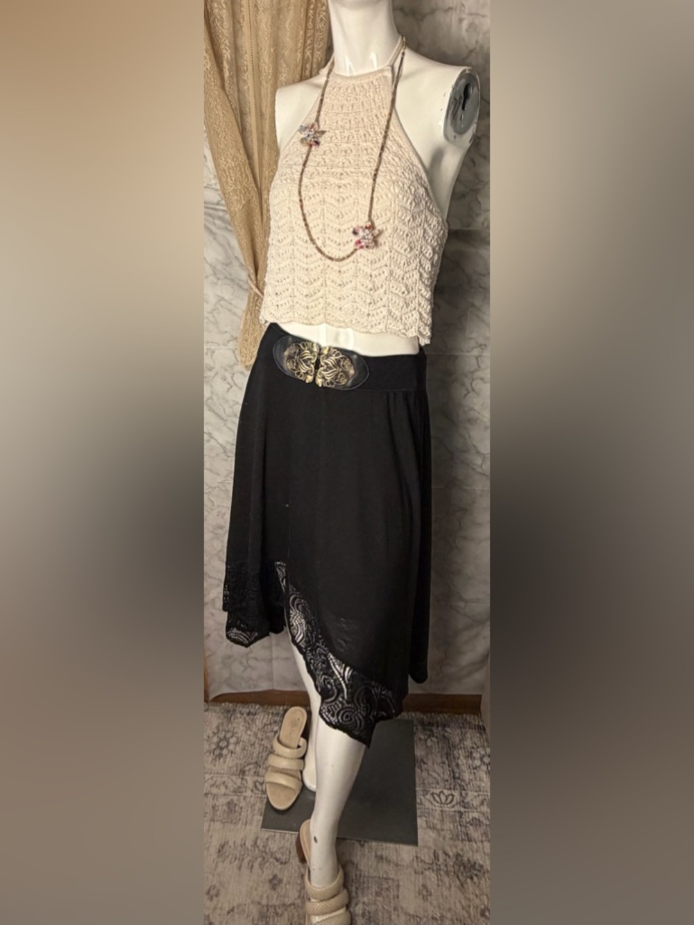 Crochet Halter Top Cream Boho Lace Knit Crop Tank M Lined Festival Beach Layer
